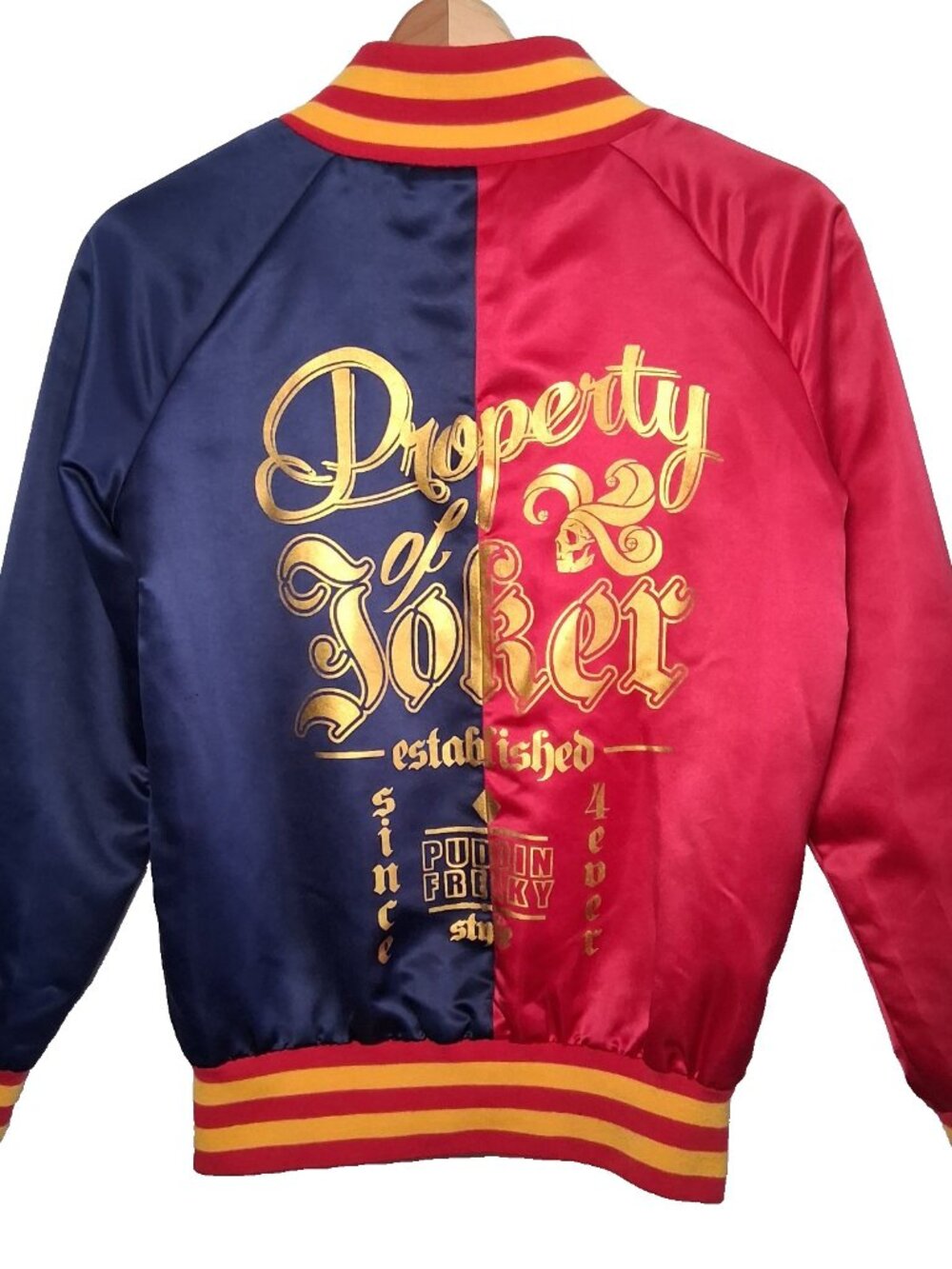 Batman Harley Quinn Property Of Joker Satin Bomber Jacket S Red Blue DC Comics
